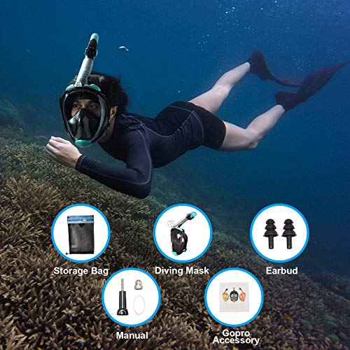 Gocheer Adult Swimming mask, Snorkel Mask Full Face with Adjustable Head Straps Foldable Underwater Breathing Device Anti-Leak Anti-Fog Dry Top Set