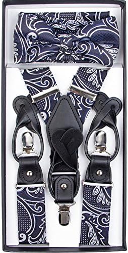 Formal Contemporary Paisley Floral Convertible Suspenders Pre-tied Bow Tie &amp; Hankie Set (Navy Blue)