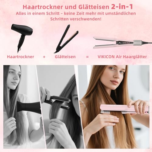 VIKICON Air Hair Straightener, Professional Ion Air Straightener without Heating Plates, Straighteners Curls and Straightens for Medium to Long Hair, Gentle Hair, Less Hair Breakage, More Shine, Light