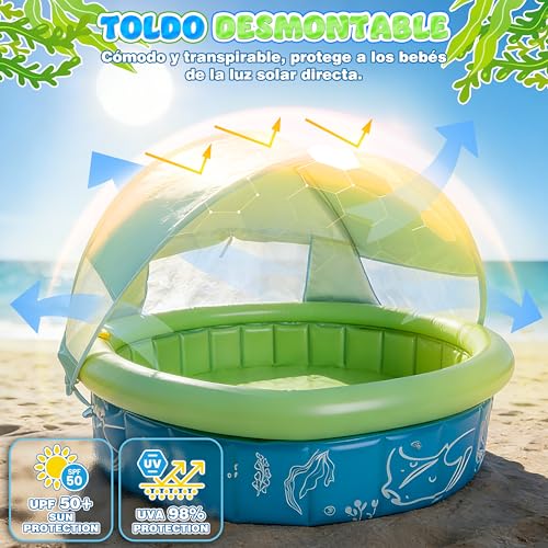 colmanda Piscina para Bebé 4-en-1 Pop Up, 100x30 cm Piscina de Bolas Bebe con Chorros de Agua, Tienda de Playa Bebé con Techo y Mosquitera, Protección UV SPF50+, Portátil para Jardín