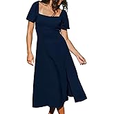 CUPSHE Women's Short Puff Sleeve Midi Dress Square Neck High Waist Side Slit A Line Semi Formal Casual Summer Dresses