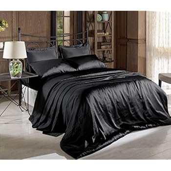 Hight Thread Count Solid Color Soft Silky Charmeuse Satin Luxury and Super Soft Bed Sheet Set (Black, King)