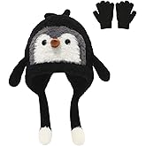 Kids Winter Hats and Gloves Set Cute Animal Penguin Hat Kids beanies Fleece Lining Skiing Caps with Warm Ear Flap 2-12 Years