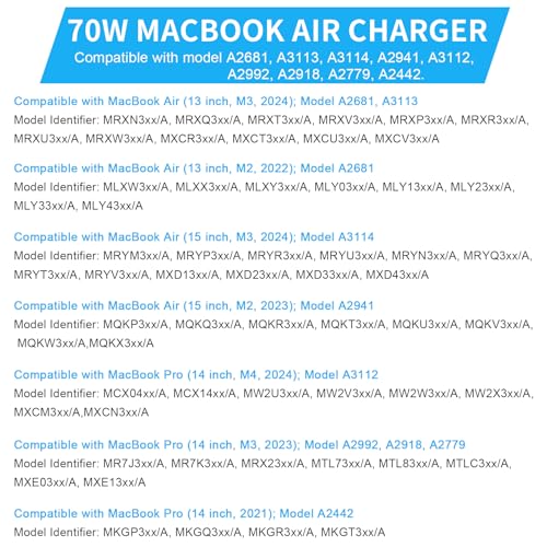 Mac Book Air Pro Charger, 70W USB-C to Magnetic 3 Charger M5/M4/M3/M2 with MacBook Air 13/15 Inch (2022-2026), MacBook Pro 14/16 Inch (2021-2026), Comes with 2M Braided Cable | Compatible avec MacBook Air 13/15 pouces (2022–2026), MacBook Pro 14/16 pouces (2021–2026) avec câble tressé de 2 mètres
