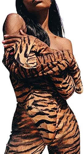 Women's Off Shoulder Jumpsuit Long Sleeve Slim Leg Trouser Bodycon Romper One Piece Print Overall for Club Casual