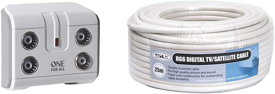 One For All Signal Booster/Splitter for TV - white & Coax Cable 25m RG6 White, Philex 27600FW25 Aerial & Satellite Cable Coaxial TV Cable