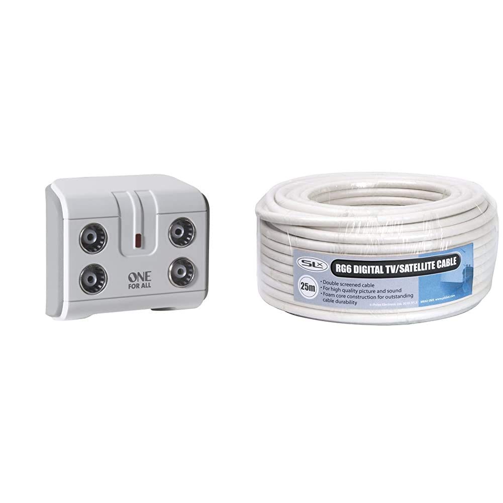 One For All Signal Booster/Splitter for TV - white & Coax Cable 25m RG6 White, Philex 27600FW25 Aerial & Satellite Cable Coaxial TV Cable