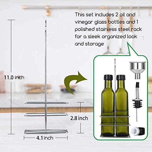 Gusnilo Glass Olive Oil Bottle - 250ml Second Generation Green Oil & Vinegar Cruet with Pourers and Funnel - Olive Oil Carafe Decanter for Kitchen-(8.5 Oz Ounce)