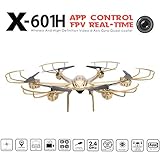 Voomall MJX X601H 2.4Ghz 6-axis Gyro 3D Roll Quadcopter Hexacopter Wireless and HD Video Real-time WiFi FPV C4005 Camera Drone with LED Light Air Pressure Altitude Hold One Key Return (Gold)