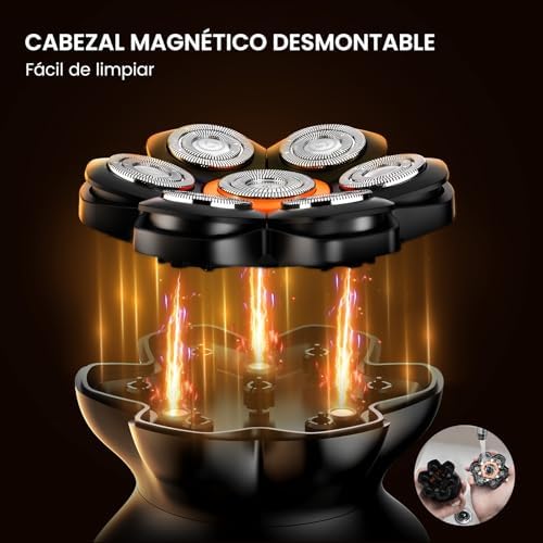 Afeitadora Cabeza Hombre, Maquina Afeitar Hombre, Afeitadora para Calva en Seco y Húmedo, Batería de Larga Duración, 7 Cabezales, Magnético, 100% impermeable, Color Negro