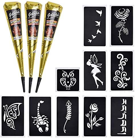 Temporary Tattoo Paste Kit, Body DIY Art Painting, Henna Template Set, Black Tattoo Hand Painting, 3 Pcs Temporary Henna Tattoo Paste Cone With 10 Pcs Henna Template Set