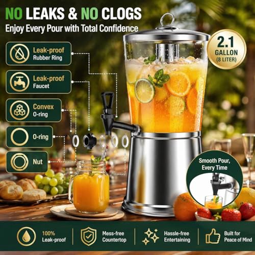 WantJoin Beverage Dispenser with Stand, 2 Gallon Drink Dispenser with Ice Core, Stainless Steel Juice Dispenser with Spigot, Clear PC Beverage Jar for Parties, Buffet, Lemonade, Juice (8 L)