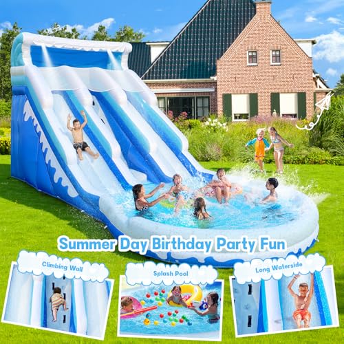 Cessbong Inflatable Water Slide for Kids and Adults with Better Drainage and Durability - Fun Outdoor Play with Easy Setup, Kids Summer Splash Fun (Dual Slide Blue Waves)