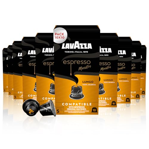 Lavazza, Espresso Maestro Lungo, 100 capsulas de aluminio compatibles con maquinas originales Nespresso, notas de frutas y flores, 100% arabica, intensidad 5/13, tostado ligero y lento en tambor, cero