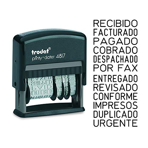 Trodat Printy 4817 Datumstempel mit Wortband, Deutsch, Schwarz, 12 Office-Texte zum Drehen, Abdruck 47x4 mm, Stempelkissen schwarz, selbstfärbend