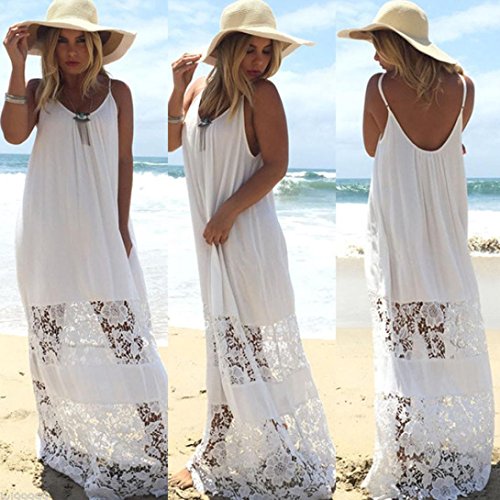 Snowfoller Sexy Women Spaghetti Strap Lace Long Maxi Dress Summer Beach Vest Dress Sleeveless Loose Dress (S, White)