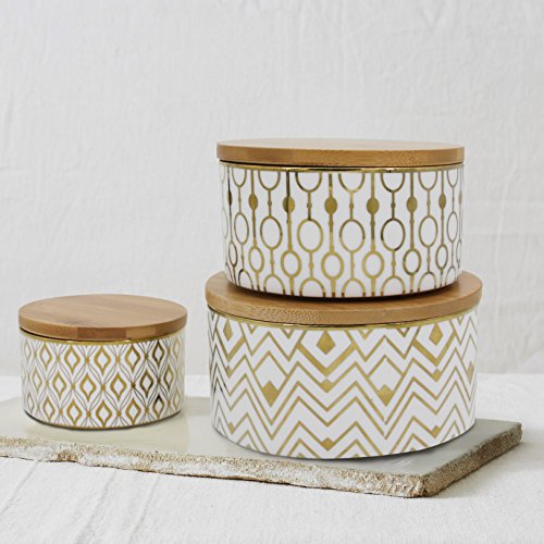 Decorative Canister Set 3 Kitchen Storage Jars, Airtight Bamboo Lids, Porcelain for Tea, Coffee, Sugar, Gift For Women - Thumbnail 6