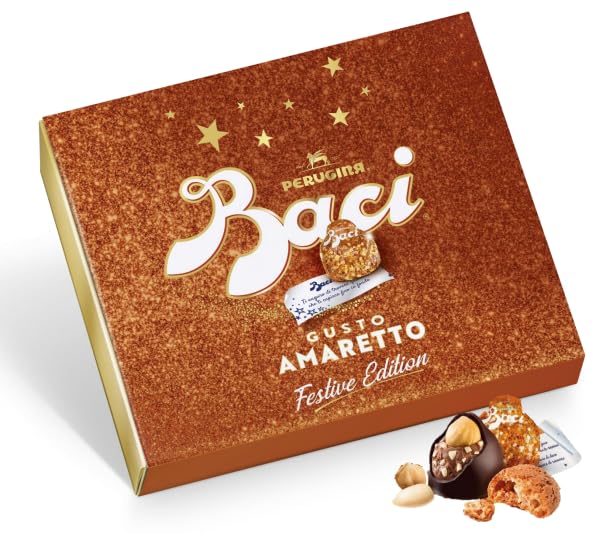 BACI AMARETTO BOX A DARK CHOCOLATE TRUFFLE WITH AMARETTO AROMA AND ALMOND GRAINS, TOPPED WITH A CRUNCHY HAZELNUT. – 16PC 7 OZ (200G)