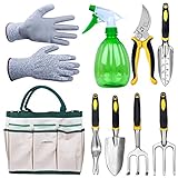 LANBOZITA Garden Tools,9 Piece Gardening Tools Set Including Trowel, Transplanter, Cultivator, Pruner, Weeder, Weeding Fork, Canavas Tote, Sprayer Bottle and Gloves ()