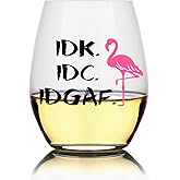 Perfectinsoy IDK IDC IDGAF Wine Glass, Flamingo Wine Glass, Funny Sarcastic Novelty Gift for Women, Sister, Friends, Coworkers, Boss, Employee, Birthday Gifts for Flamingo Lovers Mom, Sister, BFF