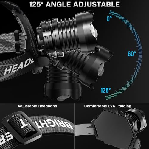 AKNEAR Rechargeable LED Headlamp Super Bright, 990000 High Lumens Head Lamp Zoomable, 25Dys+ Runtime & 12 Mode & Lightweight Comfort & 125° Adjustable Waterproof Head Light for Outdoor