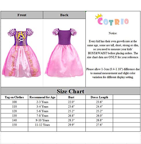 Cotrio Rapunzel Costume Dress Girls Princess Dresses Halloween Outfits Accessories Size 3T(2-3 Years, Purple, 100, Wig Gloves Tiara Scepter Necklace Ring Earrings)