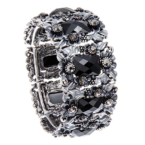 PammyJ Black Acrylic and Glass Flower Hinged Bangle Bracelet