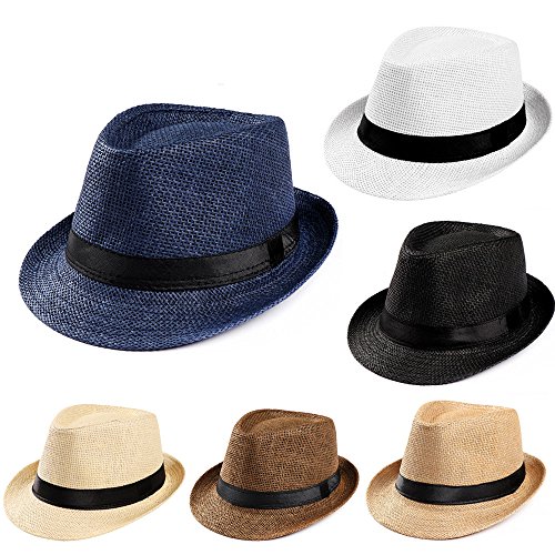 Unisex Beach Sun Straw Hat, Summer Straw Trilby Gangster Cap Band Fedora Panama Sunhat for Women Men (White) - Thumbnail 2