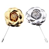 2pcs PU Camellia Flower Lapel Pin Boutonniere Stick Gold Silver Floral Hat Pin For Wedding Party Suit