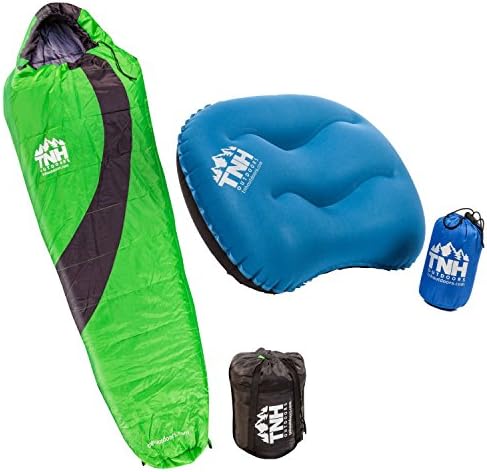 TNH Outdoors Smart Bundle Adult 3-4 Season Sleeping Bag &amp; Inflatable Camping Pillow Bundle