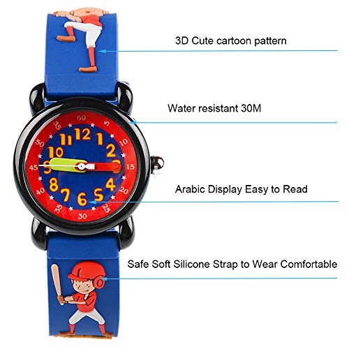 Venhoo Kids Watches Cartoon Waterproof Silicone Children Wristwatches Time Teacher Gifts for Boys Girls (Baseball Blue)