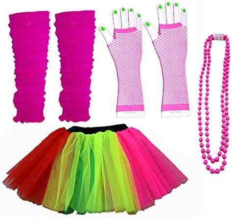 Kids Neon Colours UV Tutu Gloves Leg Warmers and Beads 1980s Fancy Dress (Multi)