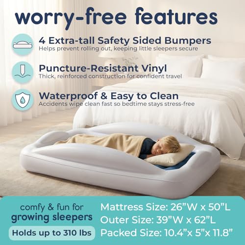 Hiccapop Inflatable Toddler Travel Bed with Safety Bumpers [4-Sided] | Portable Toddler Bed for Kids | Toddler Air Mattress | Kids Air Mattress - Navy Blue