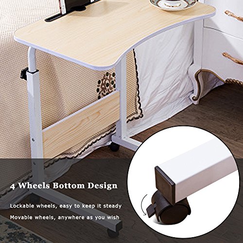 Jerry & Maggie Adjustable Height Desk Laptop Desk | Phone Holder | 4 Wheels Movable Table Lapdesk |Body Curve Edge Design Wood Desk Cart Tray Side Table for Bed - White - Thumbnail 3