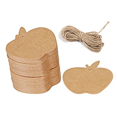 Qingsun 100 PCS Kraft Paper Blank Christmas Gift Tags with String Vintage Gift Tag Wedding Favor Hang Tags with 6.6 Feet Natural Jute Twine Apple Shape Hanging Tags for Crafts Price Tags Labels