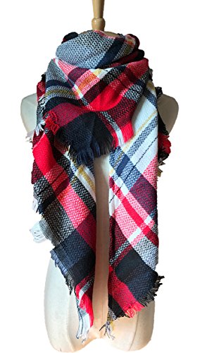 Wander Agio Womens Warm Scarf Triangle Shawls Large Scarves Stripe Plaid Fichu White Red Colour 4