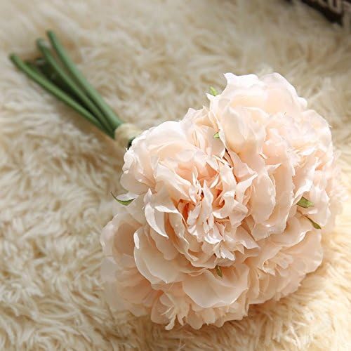 UXELY Fake Flowers, Artificial Bouquet 5 Heads Peony Silk Flower Fake Leaf Home Wedding Party Decor, Fake Flowers for Home Party Wedding Decoration (Champagne Peach)
