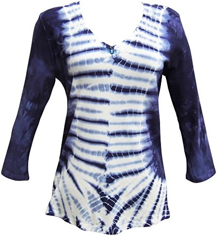 Nature Art Ladies Tie Dye V Neck Top Embellished Ribbon Button Shirt Blue M