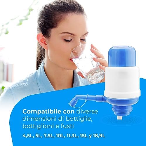 Distributore d'acqua universale - Distributore manuale per caraffe, bottiglie, barili - Compatibile con bottiglie da 2,4,6,8,10 e 12L, con adattatore da 3,8 e 4,8 cm - Bianco e blu