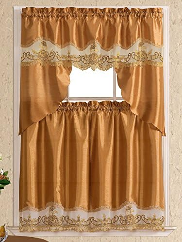 GOHD - VERSAILLES ROSE Kitchen Curtain Set/ Swag valance &amp; tier set. Nice embroidery on insert and border voile with faux silk fabric as main fabric. (BRONZE)