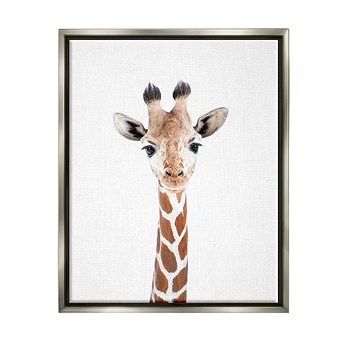 Stupell Industries Giraffe on White Portrait Gray Framed Floater Canvas Wall Ar…
