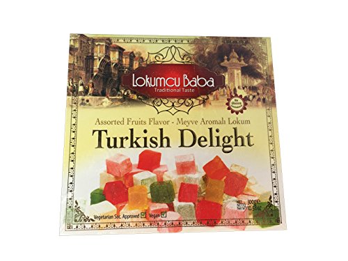 Turkish Delight with Assorted Fruits Flavor, Sweet Confectionery Gourmet Gift Box Candy Dessert 10.5 oz, Halal Vegan Turkish Delight