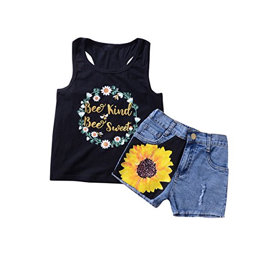 Camidy 1-5T Toddler Baby Girl Sleeveless Vest Tops + Shorts Outfits Set (2-3T), Black+denim
