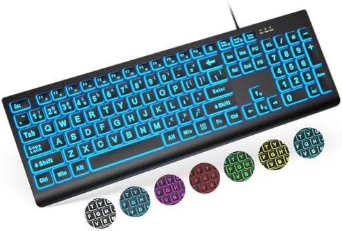 SABLUTE Large Print Backlit Keyboard, Wired USB Lighted Computer Keyboards with 7-Color & 4 Modes Backlit, Oversize Letters Keys Easy to See and Type, Keyboard Compatible for PC, Laptop
