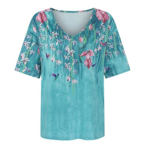 Plus Size Tops for Women Summer Short Sleeve Tops V Neck Casual Workout T Shirts Loose Floral Tunic Basic Tees Henley Tops