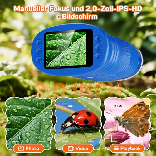 Ashfly Mobile Phone Digital Microscope for Children, 1080P HD 2.0 Inch Screen Pocket Microscope, Microscope LED Lights Connection to PC, Mini Microscope Outdoor Gifts for 4-12 Years, Blue