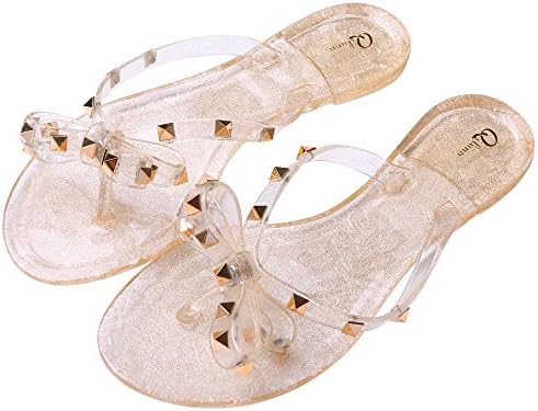 Qilunn Womens Rivets Bowtie Flip Flops Jelly Thong Sandal Rubber Flat Summer Beach Rain Shoes