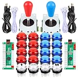 Fosiya LED Arcade Joystick Buttons Kit Ellipse Oval Style 8 Ways Joystick + 20 x LED Arcade Buttons for 2 Player Video Games Standard Controllers All Windows PC MAME Raspberry Pi (Red + Blue Kits)
