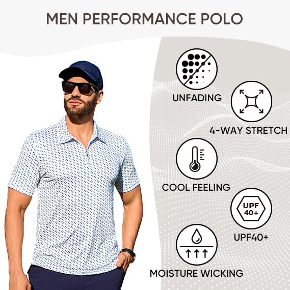 JMIERR PREMIUM GOLF SHIRTS FOR MEN MOISTURE WICKING QUICK DRY PRINT PERFORMANCE ZIPPER COLLARED POLO SHIRT, S, DUSK BLUE