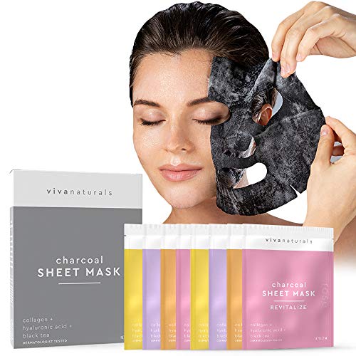 Face Mask for Korean Skincare – Sheet Mask for Detoxifying, Cleansing, Moisturizing and Brightening Skin | Dermatologist Tested Charcoal Face Mask with Collagen & Hyaluronic Acid for Soft Skin, 8 Pack